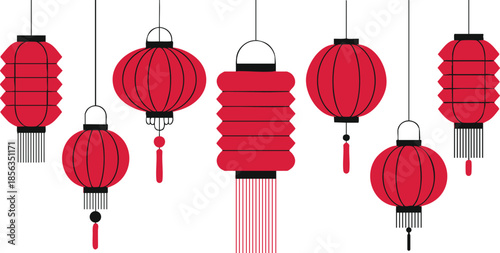 Red Chinese Lanterns Hanging Decoration, Lunar New Year Festival Lanterns, Assorted Oriental Paper Lanterns, Traditional Red and Pink Lantern Illustration, silhouette, illustration, vector