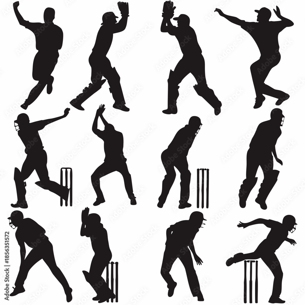 Fototapeta premium Cricket players in dynamic poses, black silhouettes on white