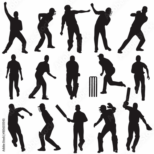 Cricket players in various dynamic poses with bats and wickets