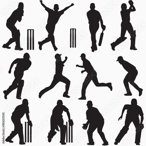 Cricket players in dynamic poses with bats and wickets