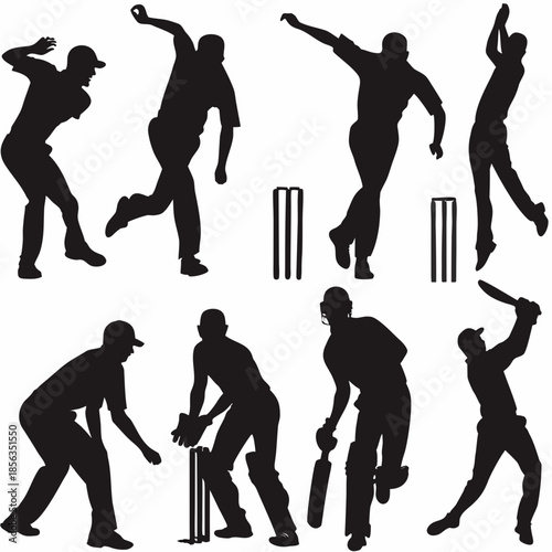 Cricket players in dynamic poses, silhouettes of athletes playing