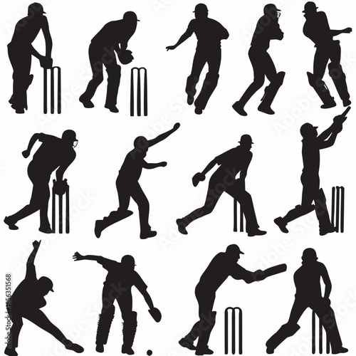 Cricket players in various actions on field silhouettes
