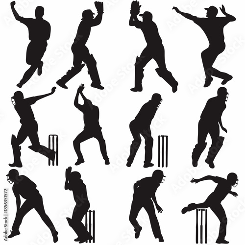 Cricket players in dynamic poses, black silhouettes on white