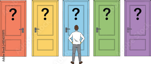 Person facing five colorful closed doors with question marks symbolizing decision-making, uncertainty, and life choices in vector illustration concept
