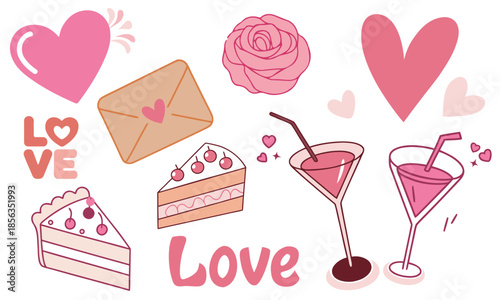 Cute romantic love icons set in flat vector style