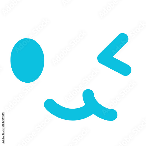 A minimalist graphic illustration of a winking face with a single circular eye, a chevron-shaped winking eye, and a curved mouth in bright cyan on a white background.
