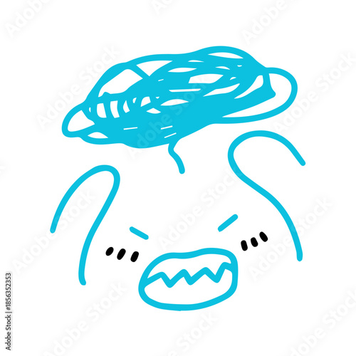 A simple blue line art drawing of an angry and frustrated face with squiggly lines above its head, expressing intense emotion.