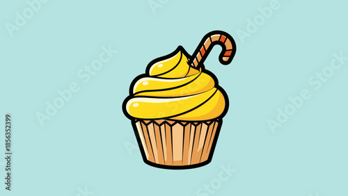 Festive Yellow Cupcake with Candy Cane Topping Illustration.