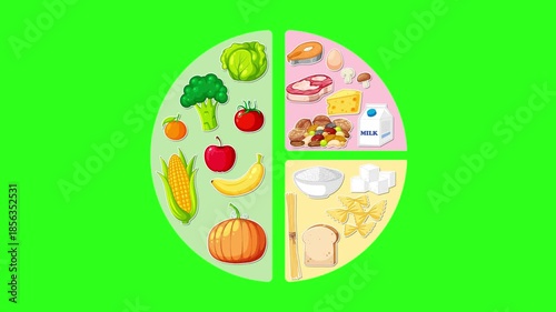 Animated Food Group Wheel Filling on Green Background