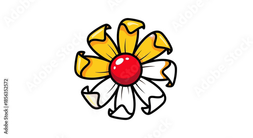 Stylized Flower with Yellow and White Petals and Red Center.