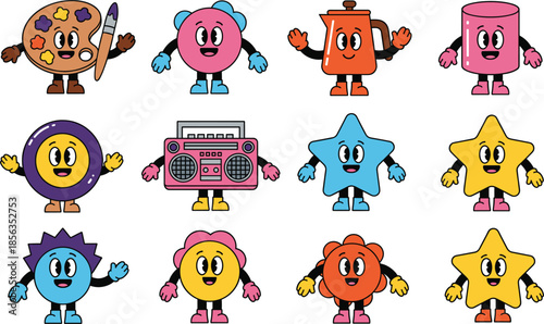 Cute Cartoon Object Characters Vector Set with Smiling Shapes Stars Flowers and Funny Mascot Illustrations