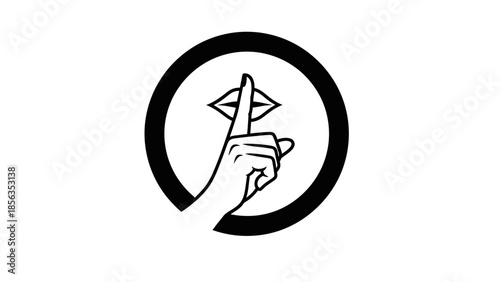 Keep silent gesture with finger on lips in a circular frame, black and white illustration.