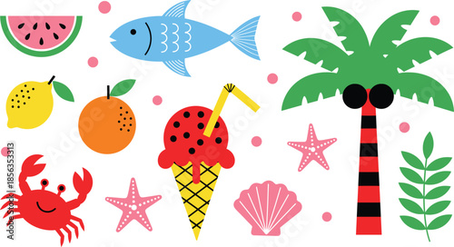 Cute Summer Beach Elements Vector Set with Fruits Ice Cream Sea Animals Palm Tree Flat Design Illustration