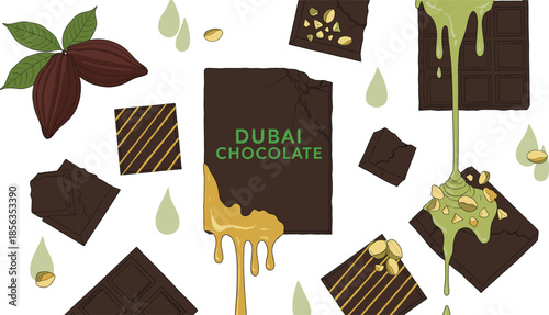 Dubai Chocolate Illustration Vector Set with Pistachio Drip Cocoa Pods Premium Dessert Packaging Flat Design