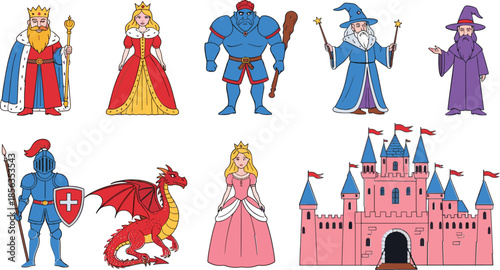 Fairytale fantasy characters collection with king queen princess wizard knight dragon and castle isolated flat vector illustration