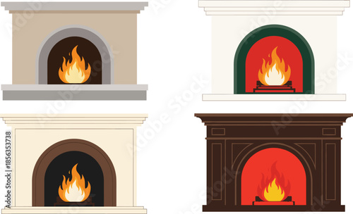 Fireplace vector set with modern and classic indoor hearth designs, burning fire illustrations isolated on white background