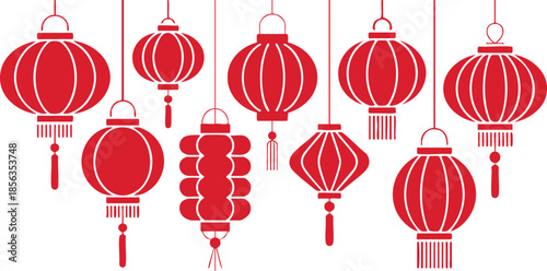 Red Chinese Lanterns Hanging Decoration, silhouette, illustration, vector.