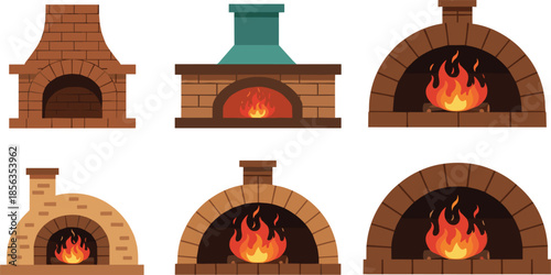 Brick fireplace and oven collection with burning fire flames, traditional masonry hearth designs, flat vector illustration set