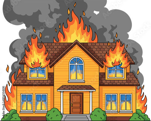 Burning house on fire with flames and smoke illustrating residential fire emergency disaster safety concept vector