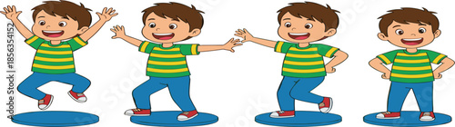 Happy Little Boy Character Vector Set Showing Different Playful Poses and Expressions Cartoon Kid Illustration