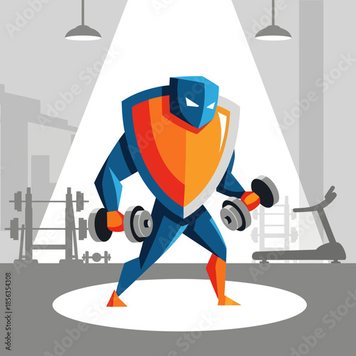 Superhero character lifting weights in a gym setting.