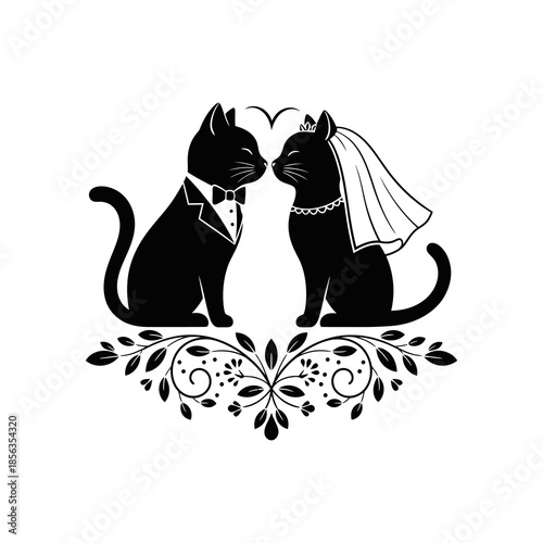 Two black cats in wedding attire a groom and a bride facing each other with a decorative floral element below.