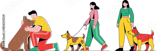 People Walking and Hugging Dogs Vector Illustration Set with Pet Owners Daily Lifestyle Flat Character Design