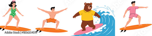 Surfing Characters Vector Illustration Set with Men Woman and Cute Bear Riding Waves Summer Beach Activity