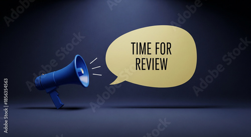 Megaphone announces a call for review and feedback in a dramatic spotlight.