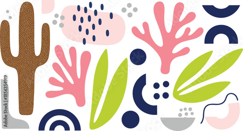 Abstract Organic Botanical Shapes Vector Set with Cactus Leaves Coral Forms and Modern Scandinavian Flat Elements