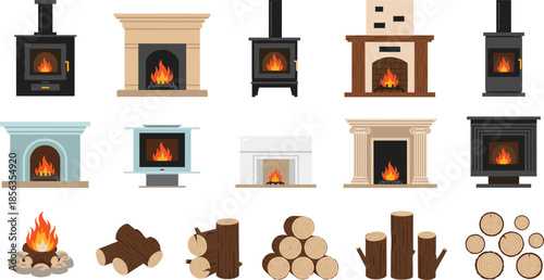 Collection of fireplaces wood stoves and firewood elements including logs piles and campfire flat vector illustration set