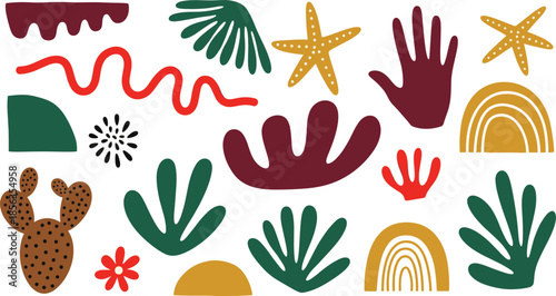 Abstract Organic Shapes and Botanical Elements Vector Set with Hands Leaves Rainbows and Starfish Flat Design