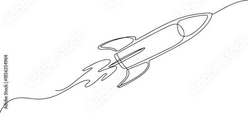 Continuous line drawing of spaceship flying. Single line illustration of rocket spaceship launch, one line Art icon drawing