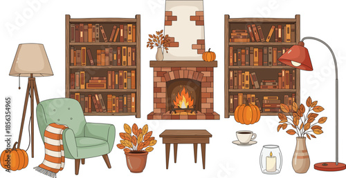 Cozy autumn living room interior vector illustration with fireplace, bookshelves, armchair, pumpkins, warm home decor elements