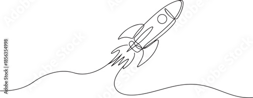 Continuous line drawing of spaceship flying. Single line illustration of rocket spaceship launch, one line Art icon drawing