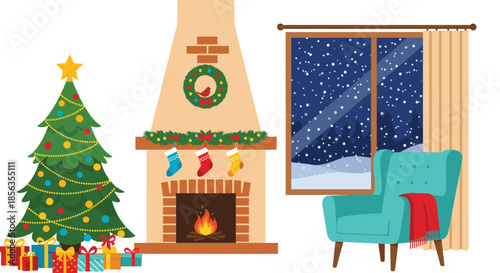 Cozy Christmas living room interior with decorated fireplace stockings gifts tree armchair and snowy winter window illustration