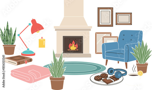 Cozy living room interior with fireplace armchair plants books tea cookies and warm home decor vector illustration