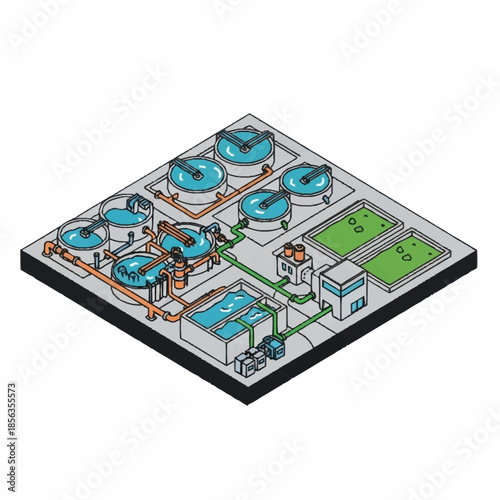 Isometric Diagram of a Water Treatment Plant with Tanks and Filtration Systems.