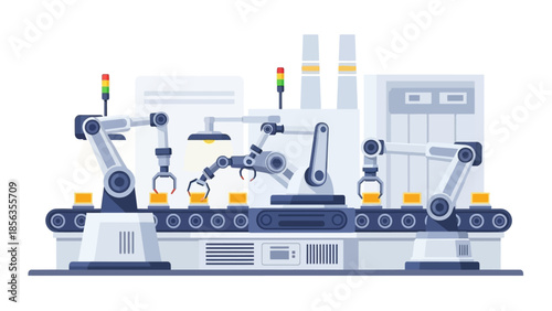 An industrial robotic assembly line with multiple robotic arms working on products on a conveyor belt in a factory setting with a predominantly blue and gray color scheme.