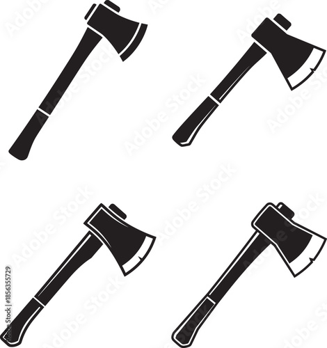 Four black silhouette illustrations of axes with different orientations