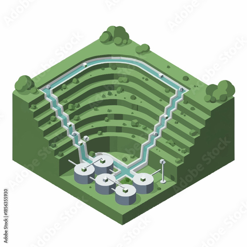 Isometric illustration of a hydroelectric power plant with water flowing through a dam and turbines.