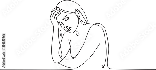 Continuous one line drawing of a young woman feeling sad, tired and worried about mental health depression. one line Art icon drawing