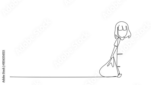 Self drawing animation of continuous line drawing of a girl carrying a heavy bag and books, representing child labor in a human rights for World Day Against Child Labor awareness. Full length animated