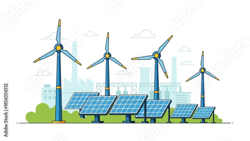 Illustration of wind turbines and solar panels in a green landscape with a cityscape background, representing renewable energy and sustainability in an industrial setting.