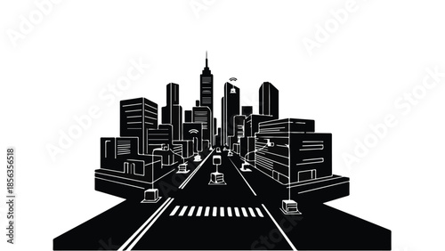 Stylized black and white cityscape with a road leading into the skyline.