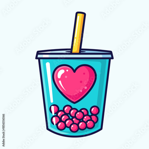 Charming Bubble Tea Illustration with Heart and Boba Pearls.