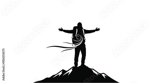 Adventurous hiker celebrates reaching mountain summit with open arms, embracing the freedom of the outdoors.