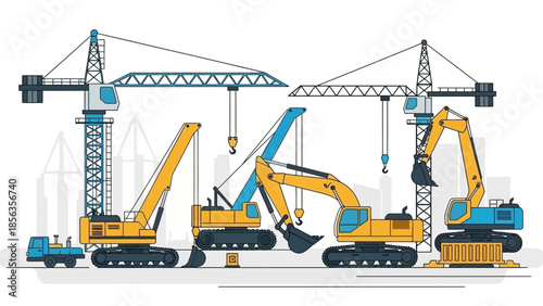 Illustration of heavy construction equipment including cranes and excavators on a clean white background, conveying an industrial theme with a focus on machinery.