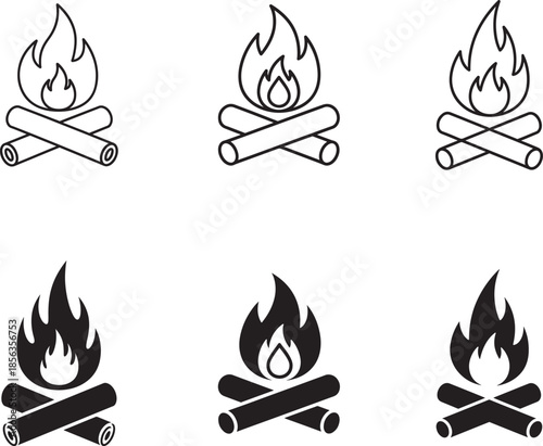 Collection of six distinct campfire icons in line art and solid black