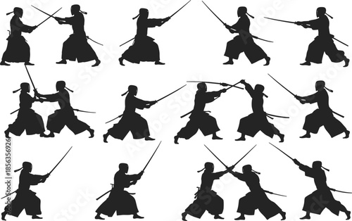 Silhouettes of kendo fighters practicing samurai sword combat with traditional attire, offensive strikes, defensive stances, and martial arts discipline